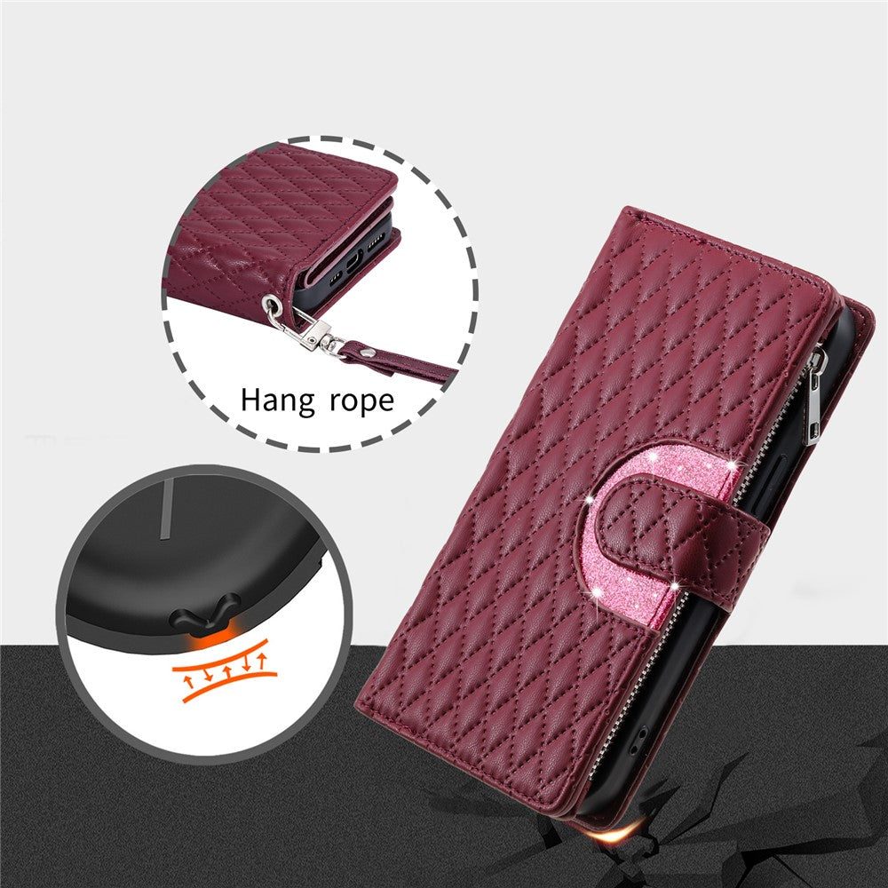 For Motorola Edge 70 5G Case Zipper Pocket Glitter Leather Phone Cover with Wrist Strap - Wine Red