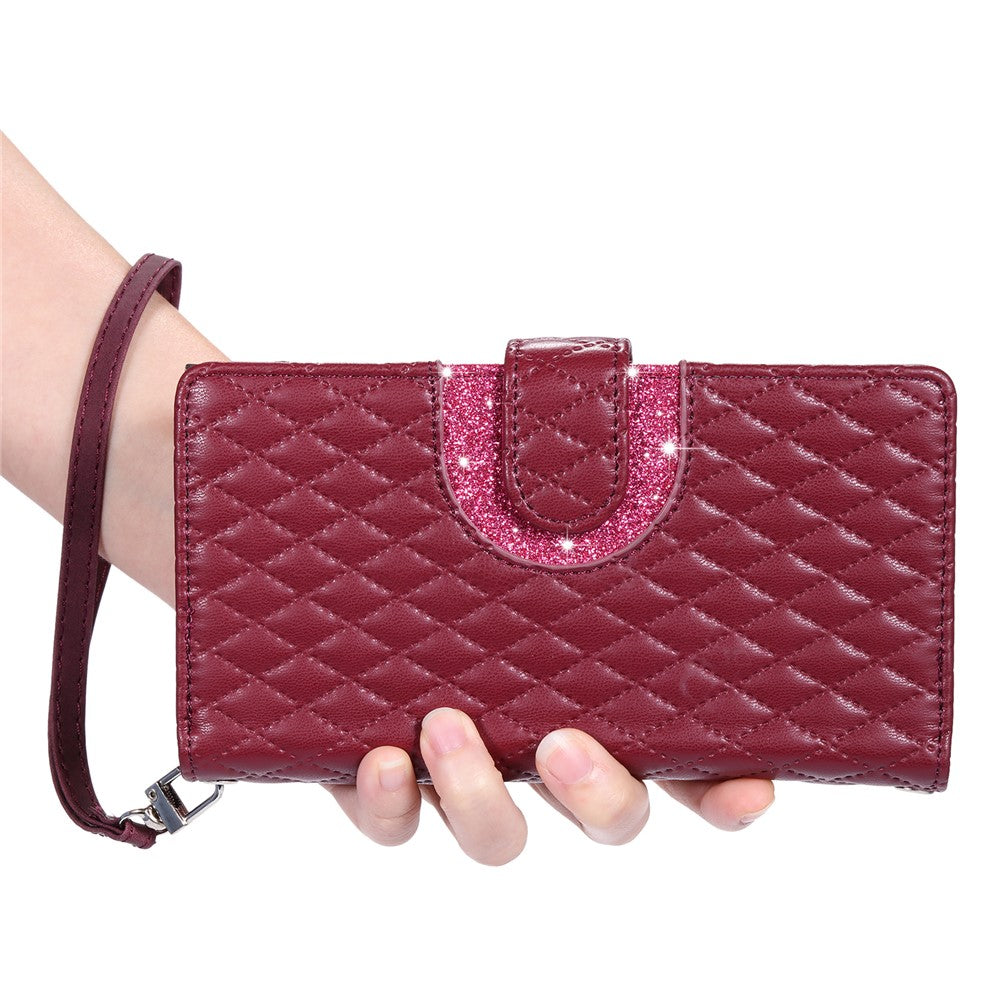 For Motorola Edge 70 5G Case Zipper Pocket Glitter Leather Phone Cover with Wrist Strap - Wine Red