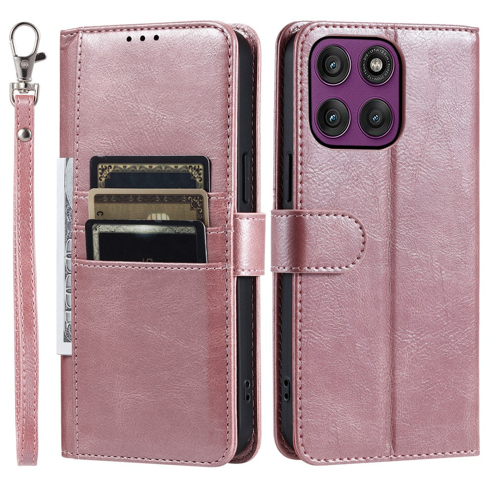 For Motorola Edge 70 5G Case 6 Card Slots PU Leather Anti-Fall Phone Cover with Wrist Strap - Rose Gold