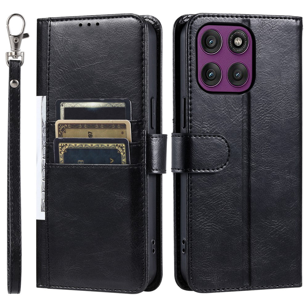 For Motorola Edge 70 5G Case 6 Card Slots PU Leather Anti-Fall Phone Cover with Wrist Strap - Black