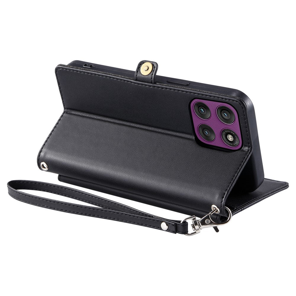 For Motorola Edge 70 5G Leather Case with Wrist Strap Wallet Stand Phone Cover - Black