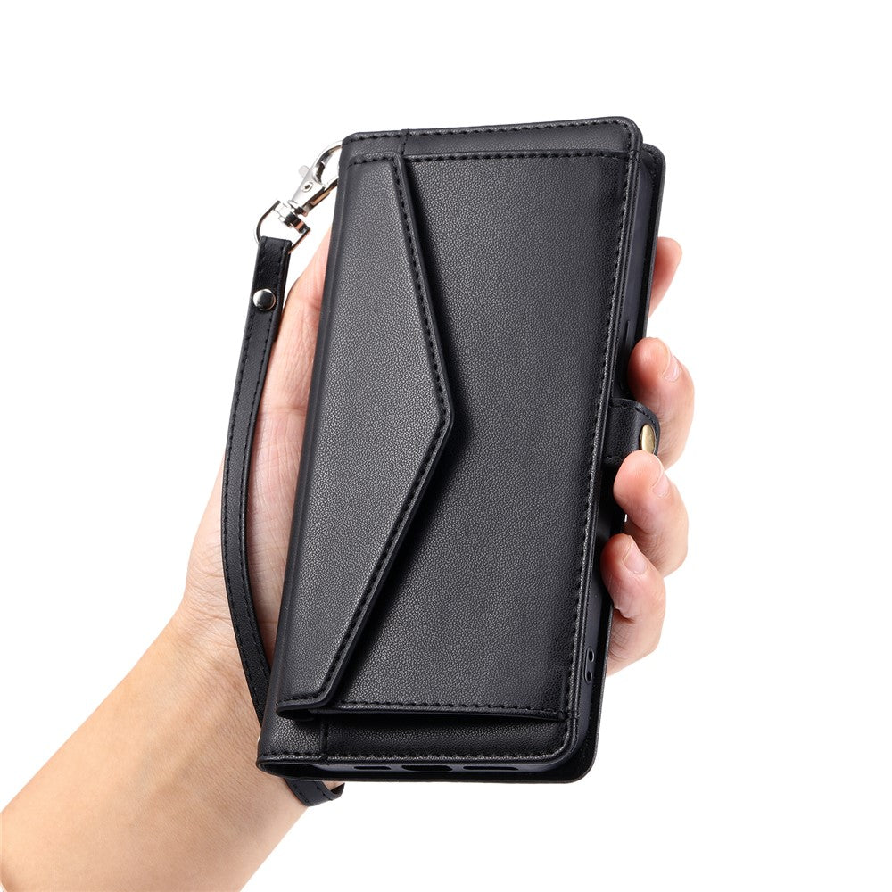 For Motorola Edge 70 5G Leather Case with Wrist Strap Wallet Stand Phone Cover - Black