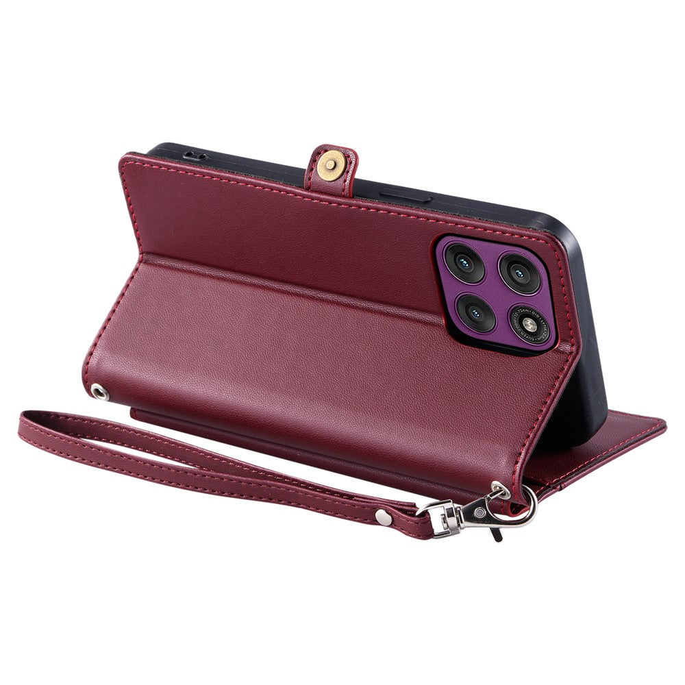 For Motorola Edge 70 5G Leather Case with Wrist Strap Wallet Stand Phone Cover - Wine Red