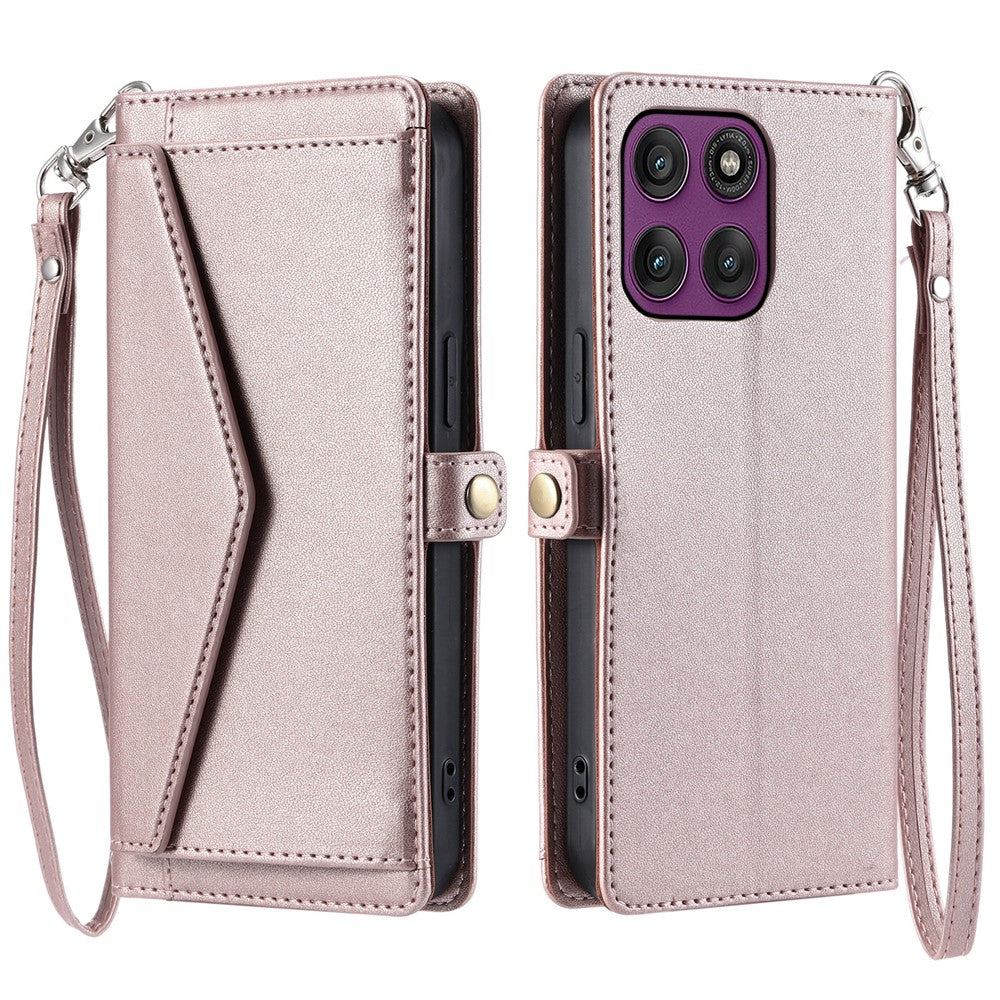 For Motorola Edge 70 5G Leather Case with Wrist Strap Wallet Stand Phone Cover - Rose Gold