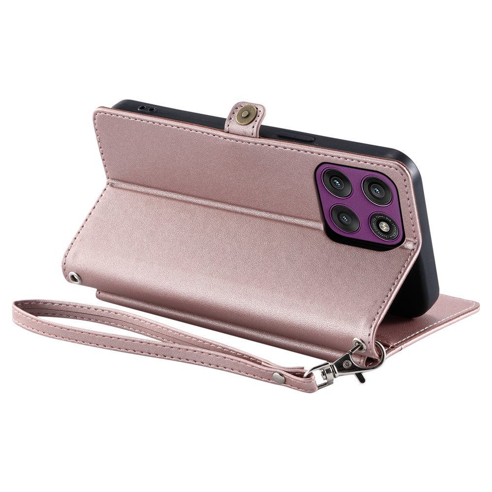 For Motorola Edge 70 5G Leather Case with Wrist Strap Wallet Stand Phone Cover - Rose Gold