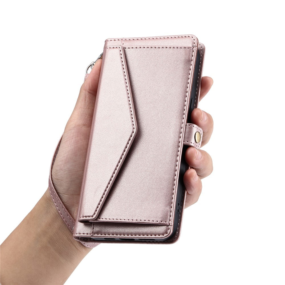For Motorola Edge 70 5G Leather Case with Wrist Strap Wallet Stand Phone Cover - Rose Gold