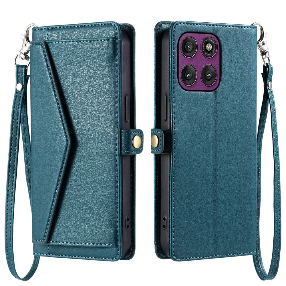 For Motorola Edge 70 5G Leather Case with Wrist Strap Wallet Stand Phone Cover - Blackish Green