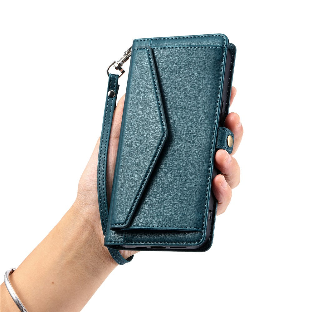 For Motorola Edge 70 5G Leather Case with Wrist Strap Wallet Stand Phone Cover - Blackish Green