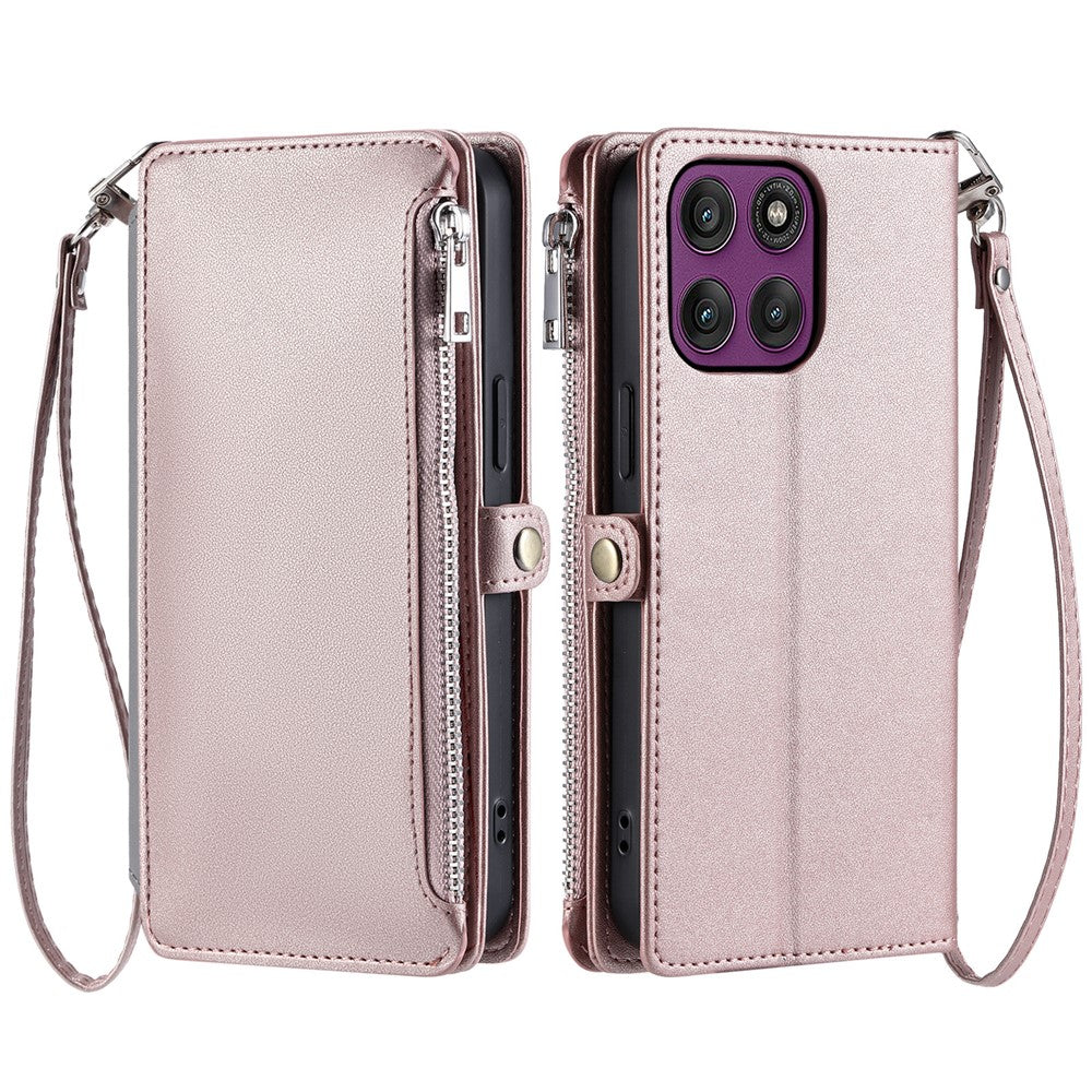 For Motorola Edge 70 5G Case TPU + PU Leather Wallet Phone Cover with Wrist Strap - Rose Gold