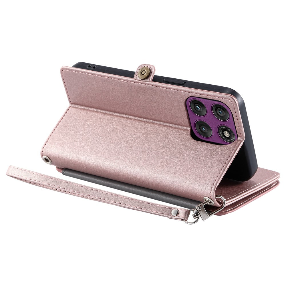 For Motorola Edge 70 5G Case TPU + PU Leather Wallet Phone Cover with Wrist Strap - Rose Gold