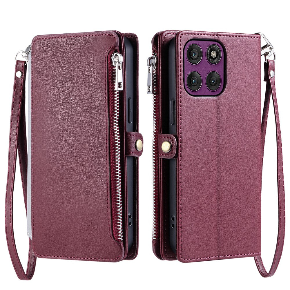 For Motorola Edge 70 5G Case TPU + PU Leather Wallet Phone Cover with Wrist Strap - Wine Red