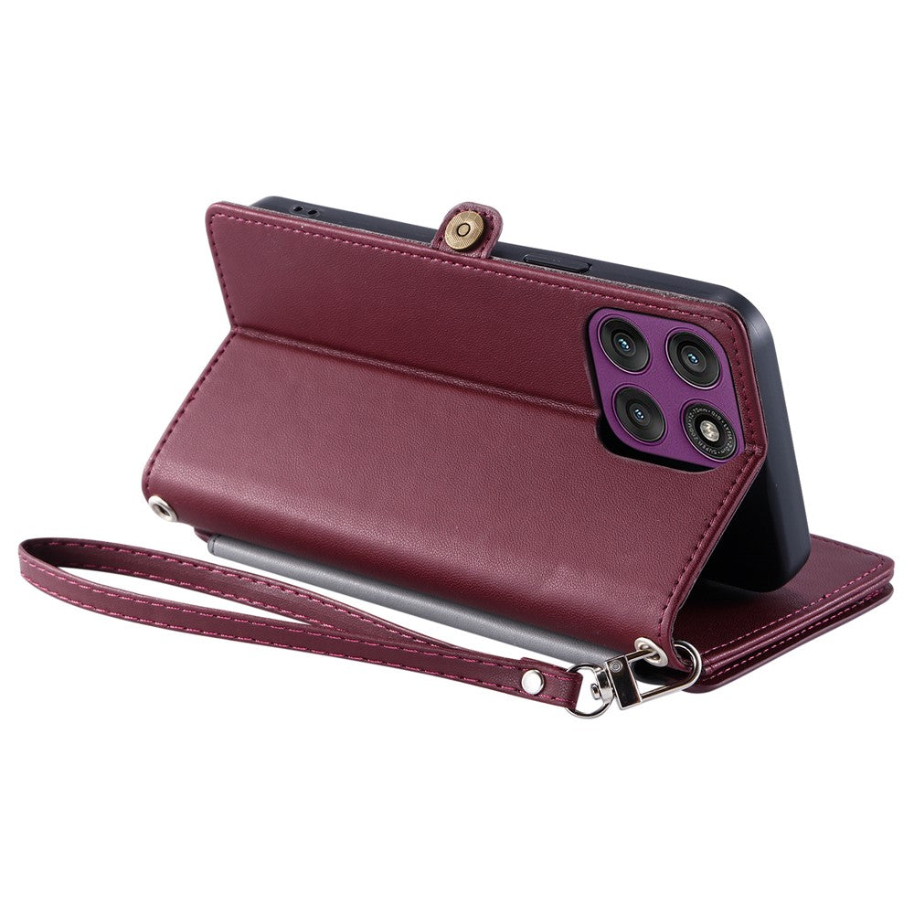 For Motorola Edge 70 5G Case TPU + PU Leather Wallet Phone Cover with Wrist Strap - Wine Red