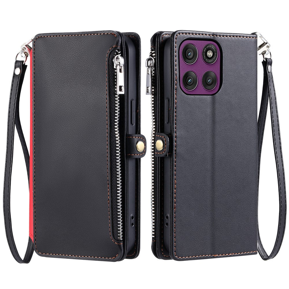 For Motorola Edge 70 5G Case TPU + PU Leather Wallet Phone Cover with Wrist Strap - Black