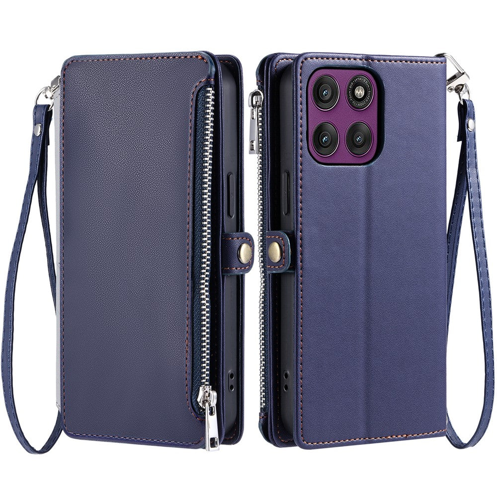 For Motorola Edge 70 5G Case TPU + PU Leather Wallet Phone Cover with Wrist Strap - Blue