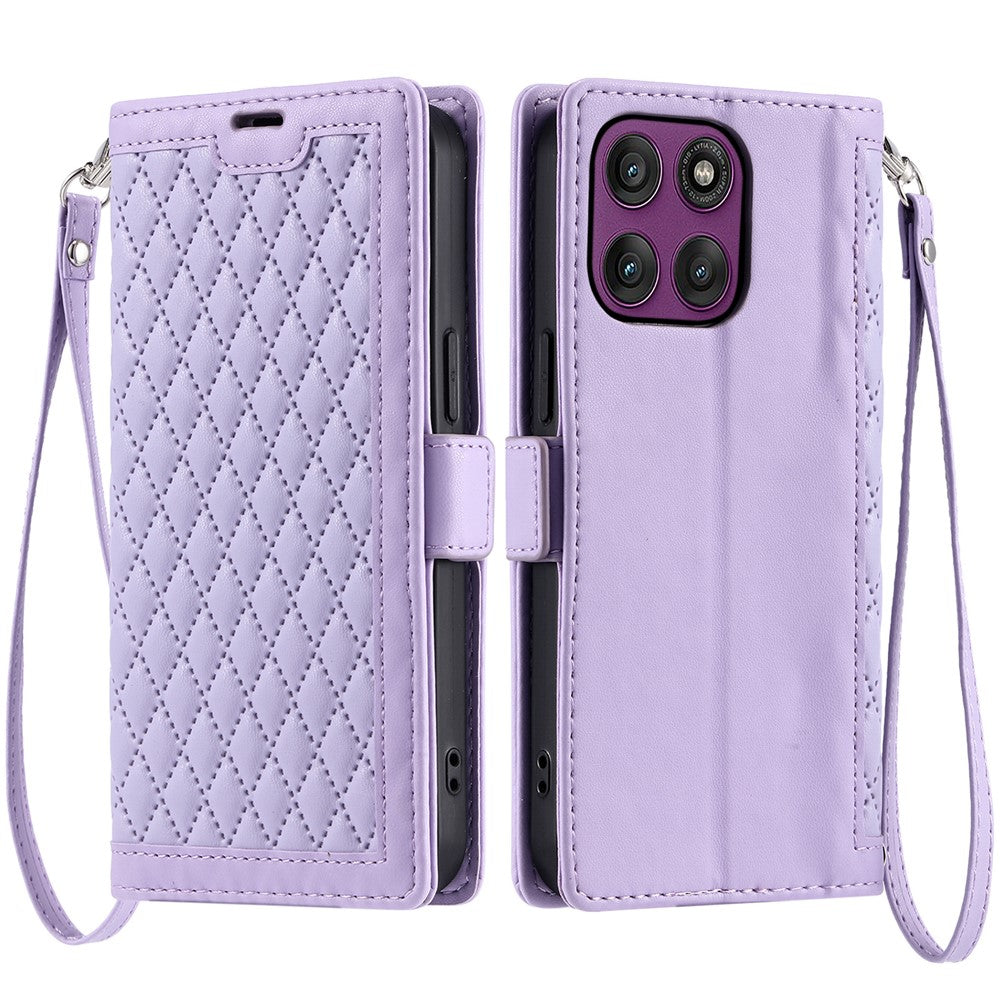 For Motorola Edge 70 5G Leather Case Rhombus Texture Wallet Stand Phone Cover with Wrist Strap - Purple