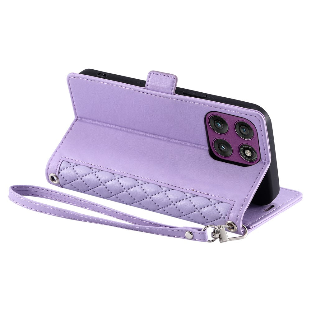 For Motorola Edge 70 5G Leather Case Rhombus Texture Wallet Stand Phone Cover with Wrist Strap - Purple