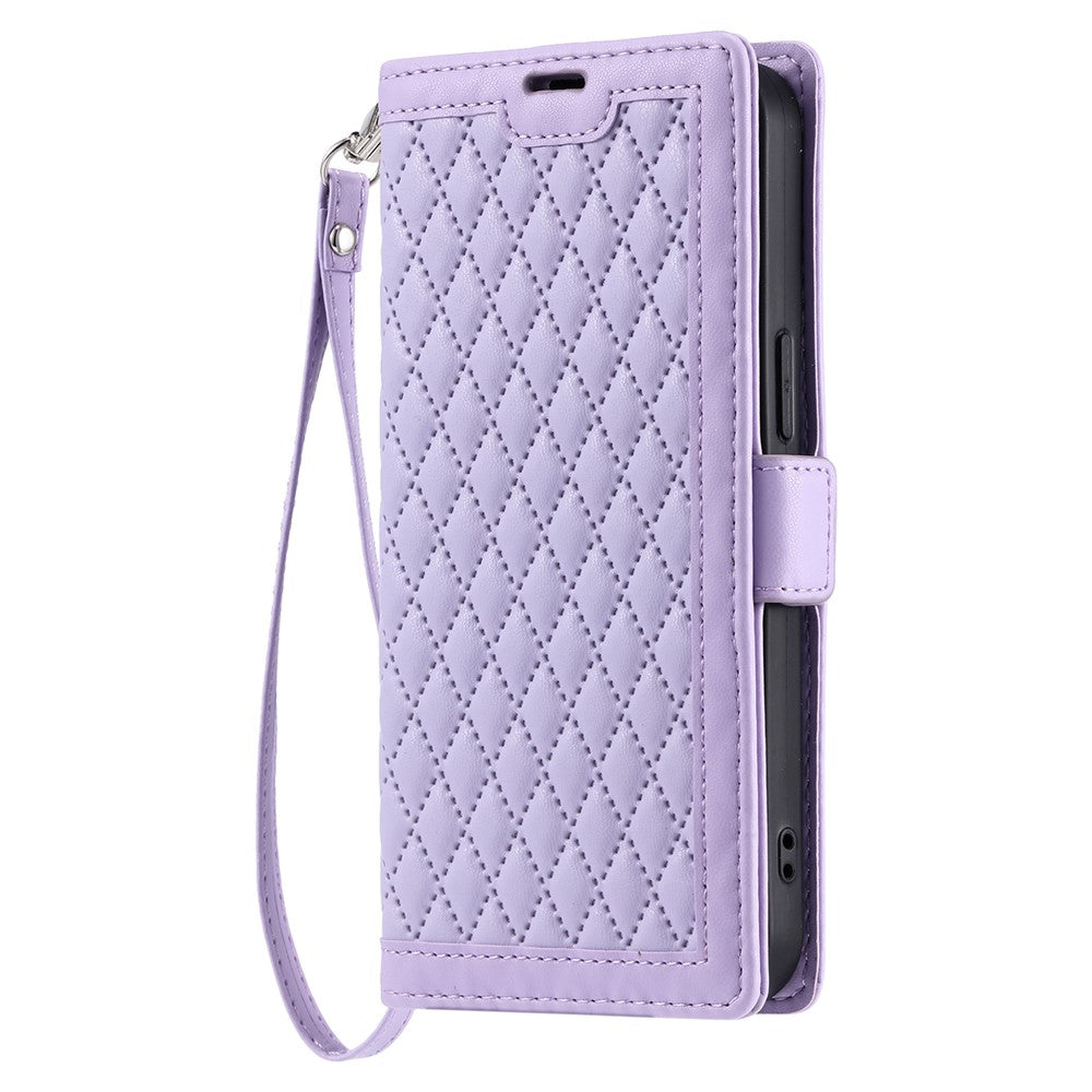 For Motorola Edge 70 5G Leather Case Rhombus Texture Wallet Stand Phone Cover with Wrist Strap - Purple