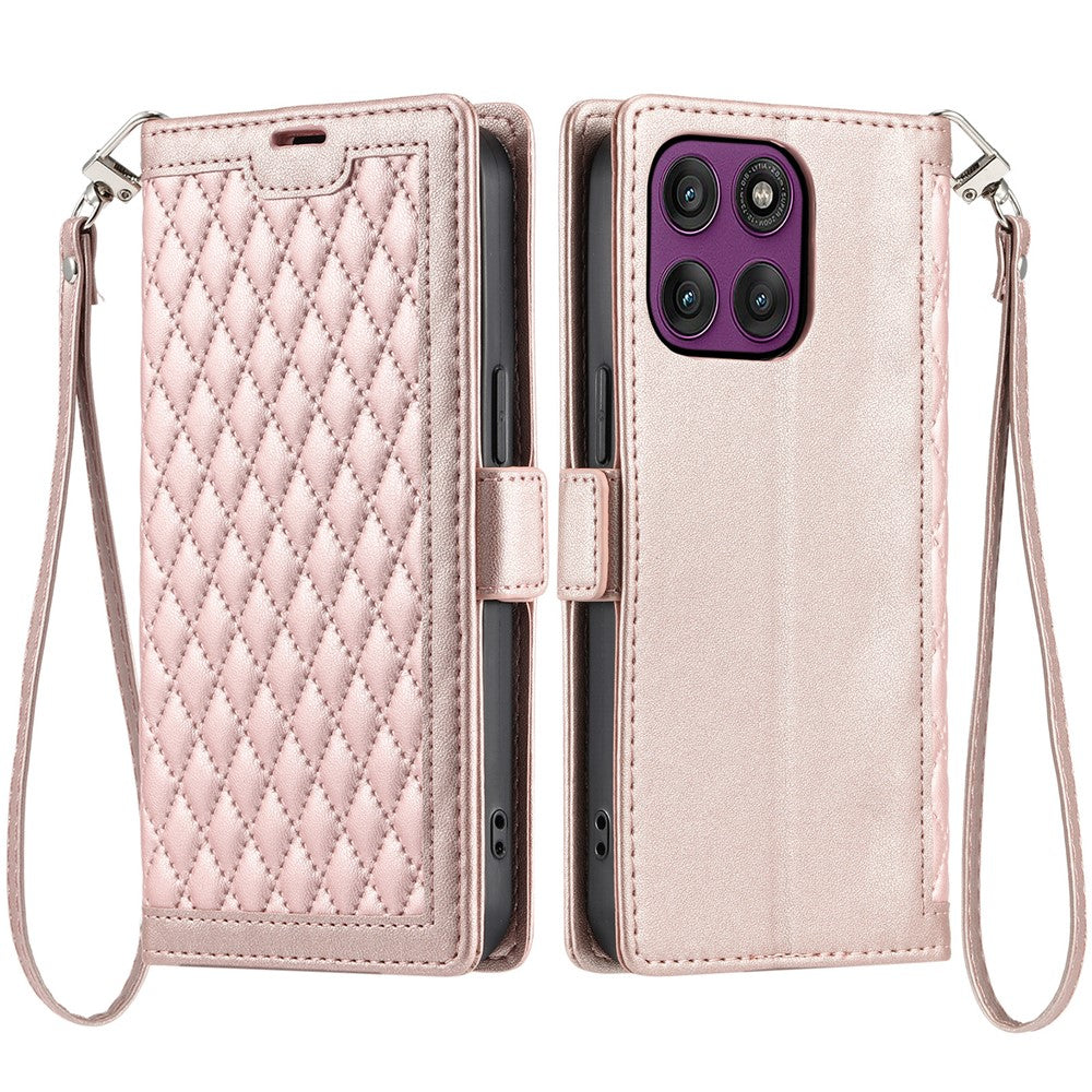 For Motorola Edge 70 5G Leather Case Rhombus Texture Wallet Stand Phone Cover with Wrist Strap - Rose Gold