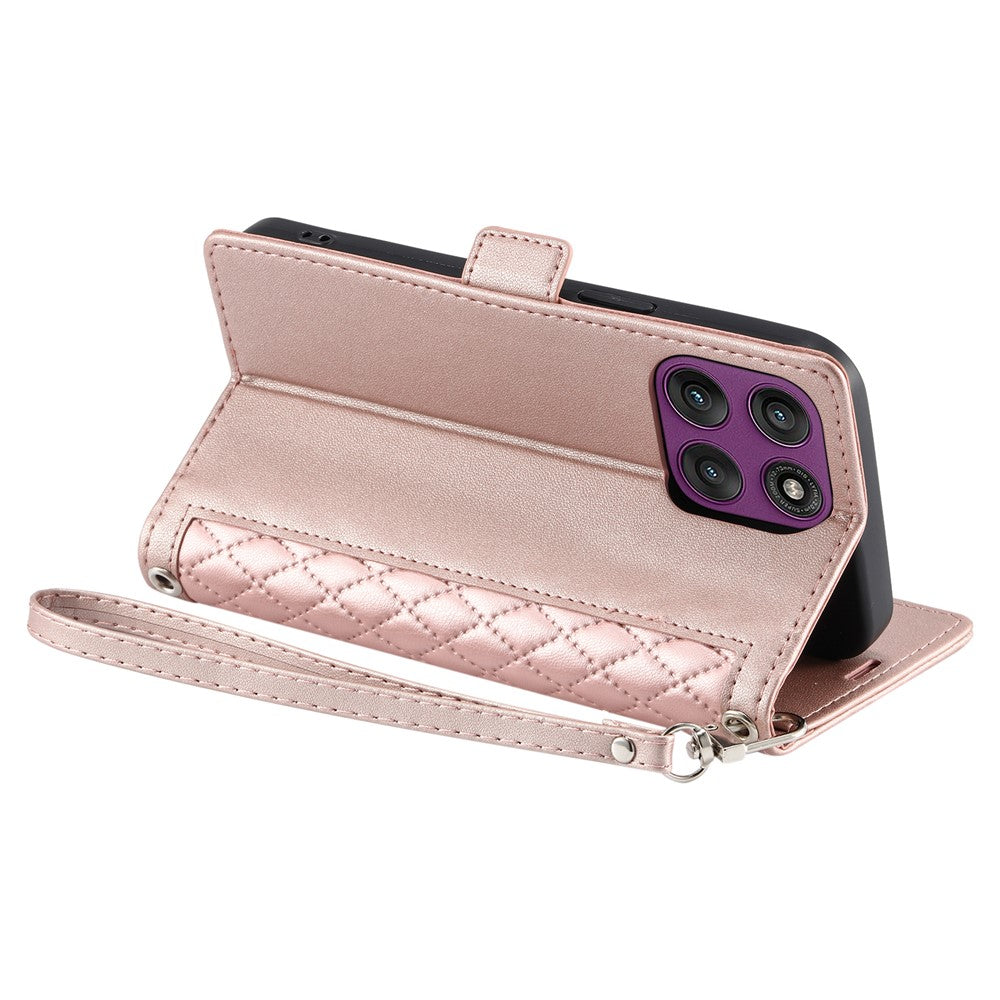 For Motorola Edge 70 5G Leather Case Rhombus Texture Wallet Stand Phone Cover with Wrist Strap - Rose Gold