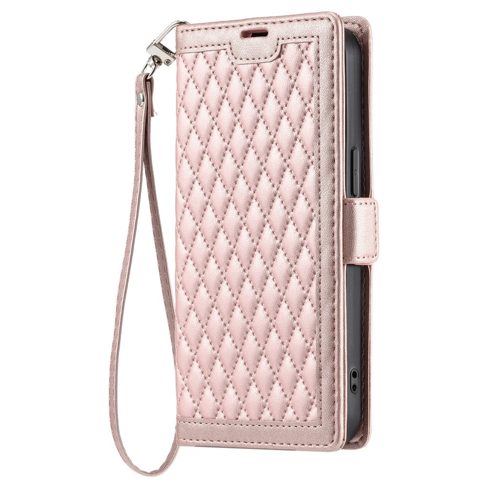 For Motorola Edge 70 5G Leather Case Rhombus Texture Wallet Stand Phone Cover with Wrist Strap - Rose Gold