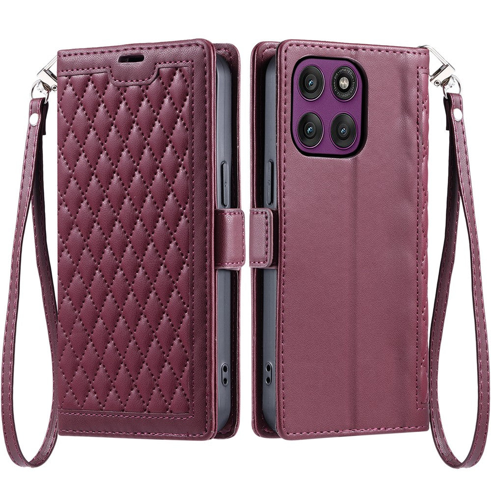 For Motorola Edge 70 5G Leather Case Rhombus Texture Wallet Stand Phone Cover with Wrist Strap - Wine Red