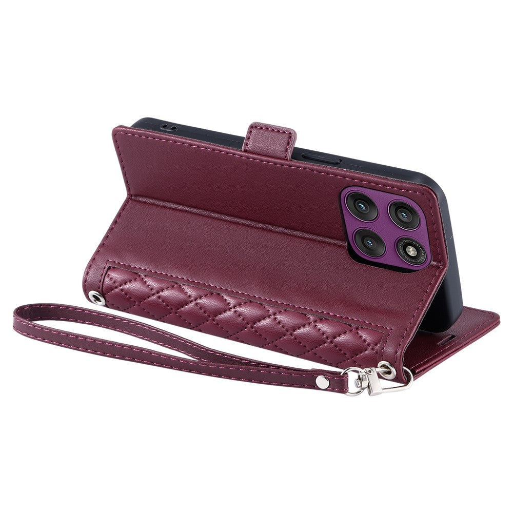 For Motorola Edge 70 5G Leather Case Rhombus Texture Wallet Stand Phone Cover with Wrist Strap - Wine Red