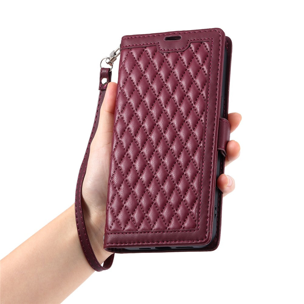 For Motorola Edge 70 5G Leather Case Rhombus Texture Wallet Stand Phone Cover with Wrist Strap - Wine Red