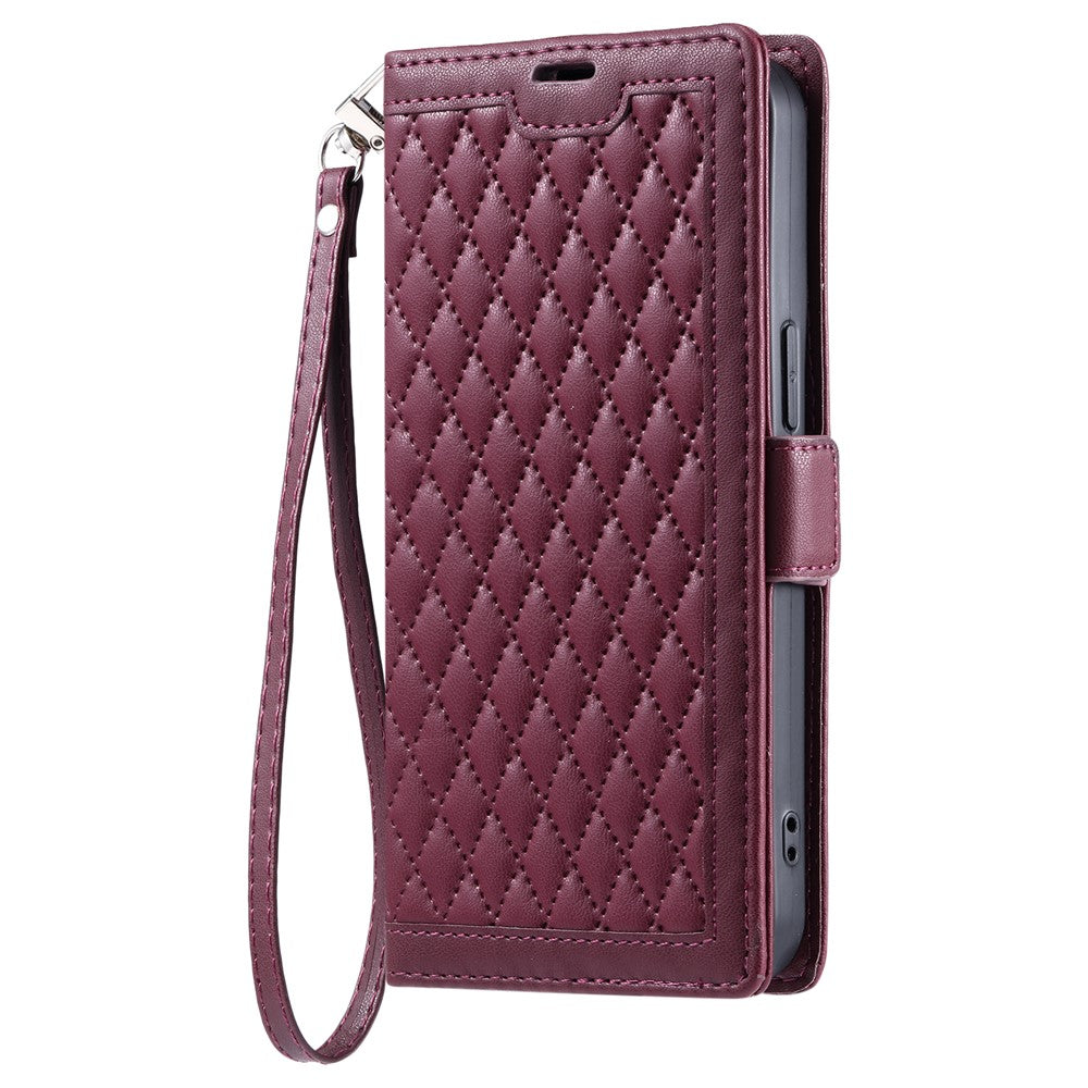 For Motorola Edge 70 5G Leather Case Rhombus Texture Wallet Stand Phone Cover with Wrist Strap - Wine Red