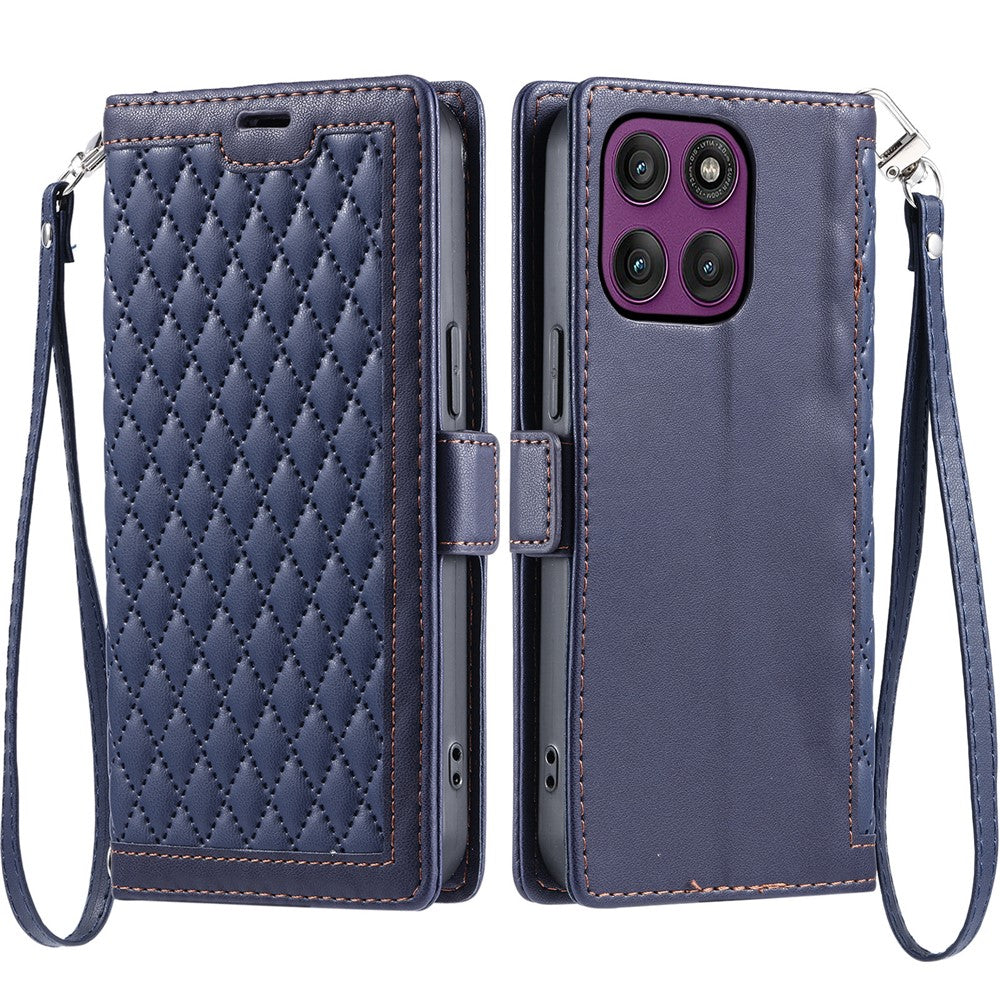 For Motorola Edge 70 5G Leather Case Rhombus Texture Wallet Stand Phone Cover with Wrist Strap - Blue