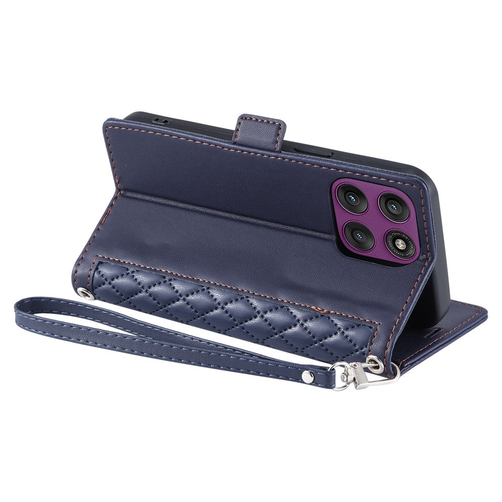 For Motorola Edge 70 5G Leather Case Rhombus Texture Wallet Stand Phone Cover with Wrist Strap - Blue
