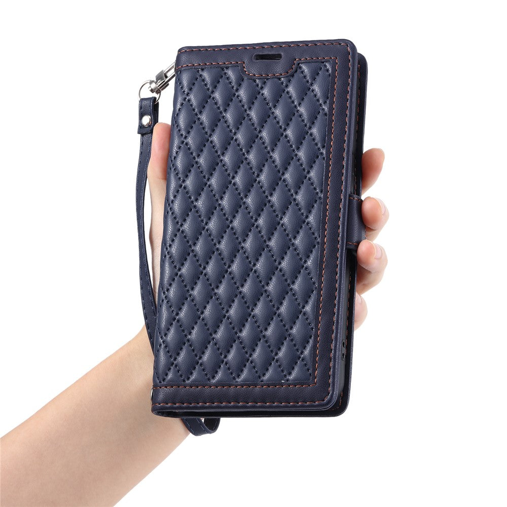For Motorola Edge 70 5G Leather Case Rhombus Texture Wallet Stand Phone Cover with Wrist Strap - Blue
