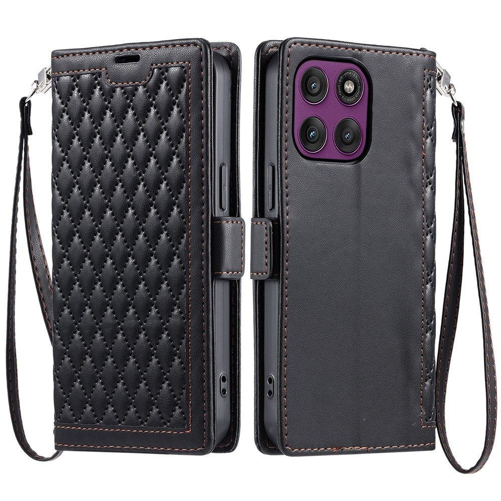 For Motorola Edge 70 5G Leather Case Rhombus Texture Wallet Stand Phone Cover with Wrist Strap - Black