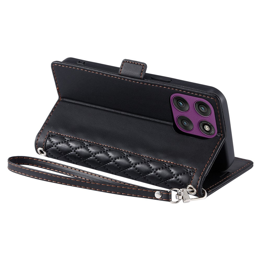 For Motorola Edge 70 5G Leather Case Rhombus Texture Wallet Stand Phone Cover with Wrist Strap - Black