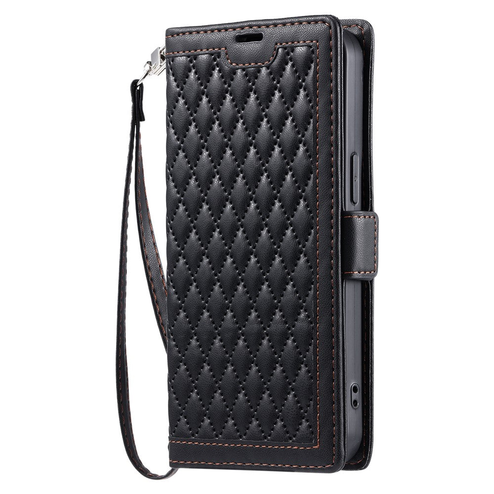 For Motorola Edge 70 5G Leather Case Rhombus Texture Wallet Stand Phone Cover with Wrist Strap - Black