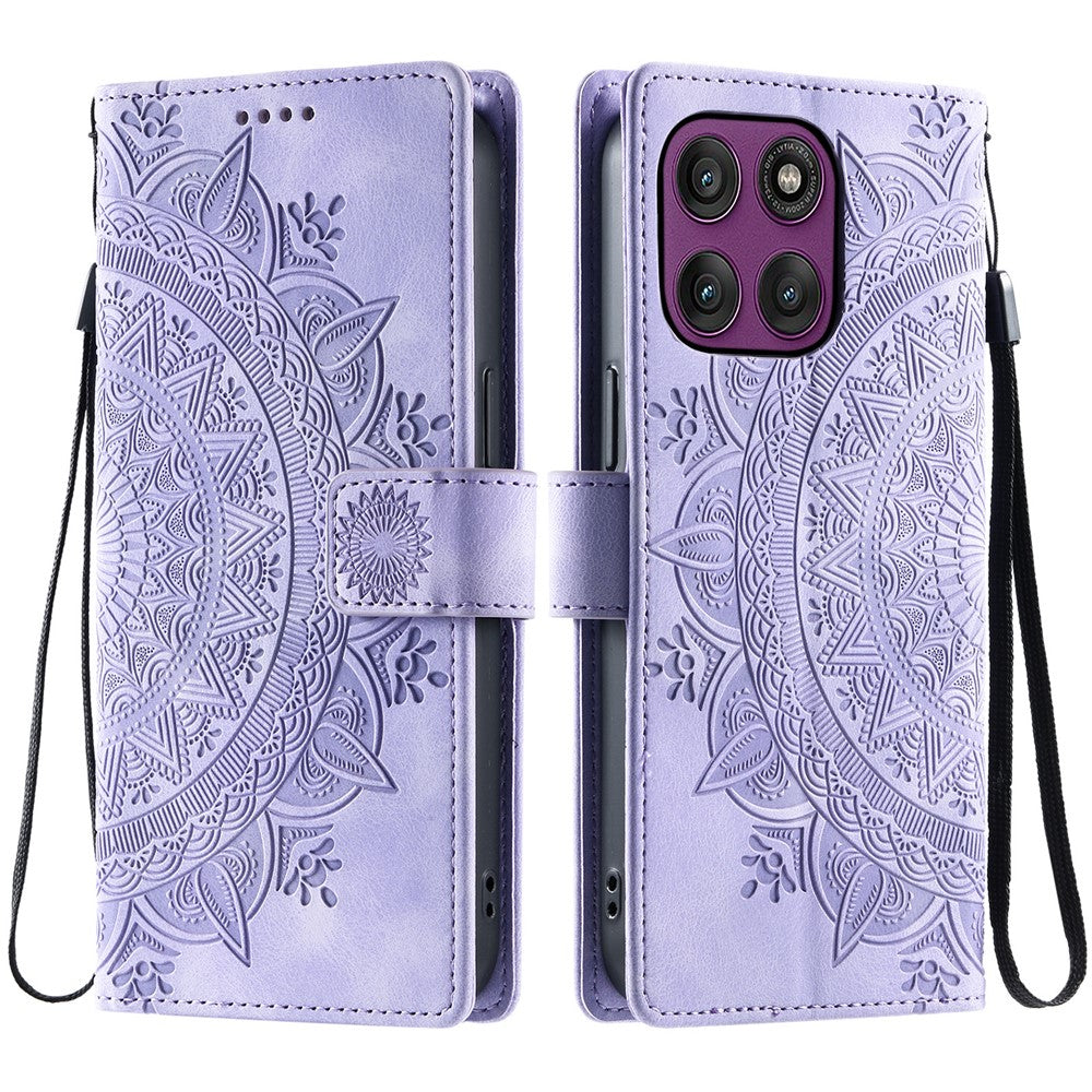 For Motorola Edge 70 5G Case Imprinted Totem Skin Feel Wallet Leather Phone Cover with Hand Strap - Purple