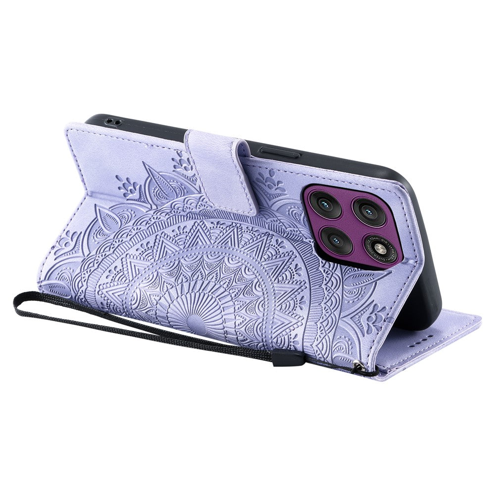 For Motorola Edge 70 5G Case Imprinted Totem Skin Feel Wallet Leather Phone Cover with Hand Strap - Purple