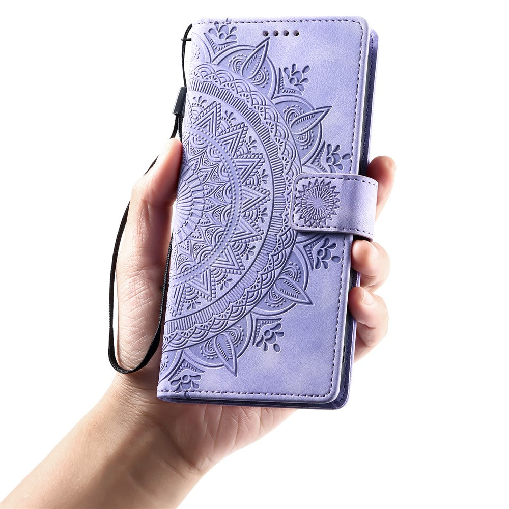 For Motorola Edge 70 5G Case Imprinted Totem Skin Feel Wallet Leather Phone Cover with Hand Strap - Purple