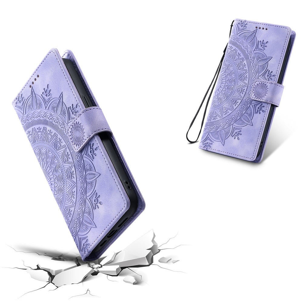 For Motorola Edge 70 5G Case Imprinted Totem Skin Feel Wallet Leather Phone Cover with Hand Strap - Purple