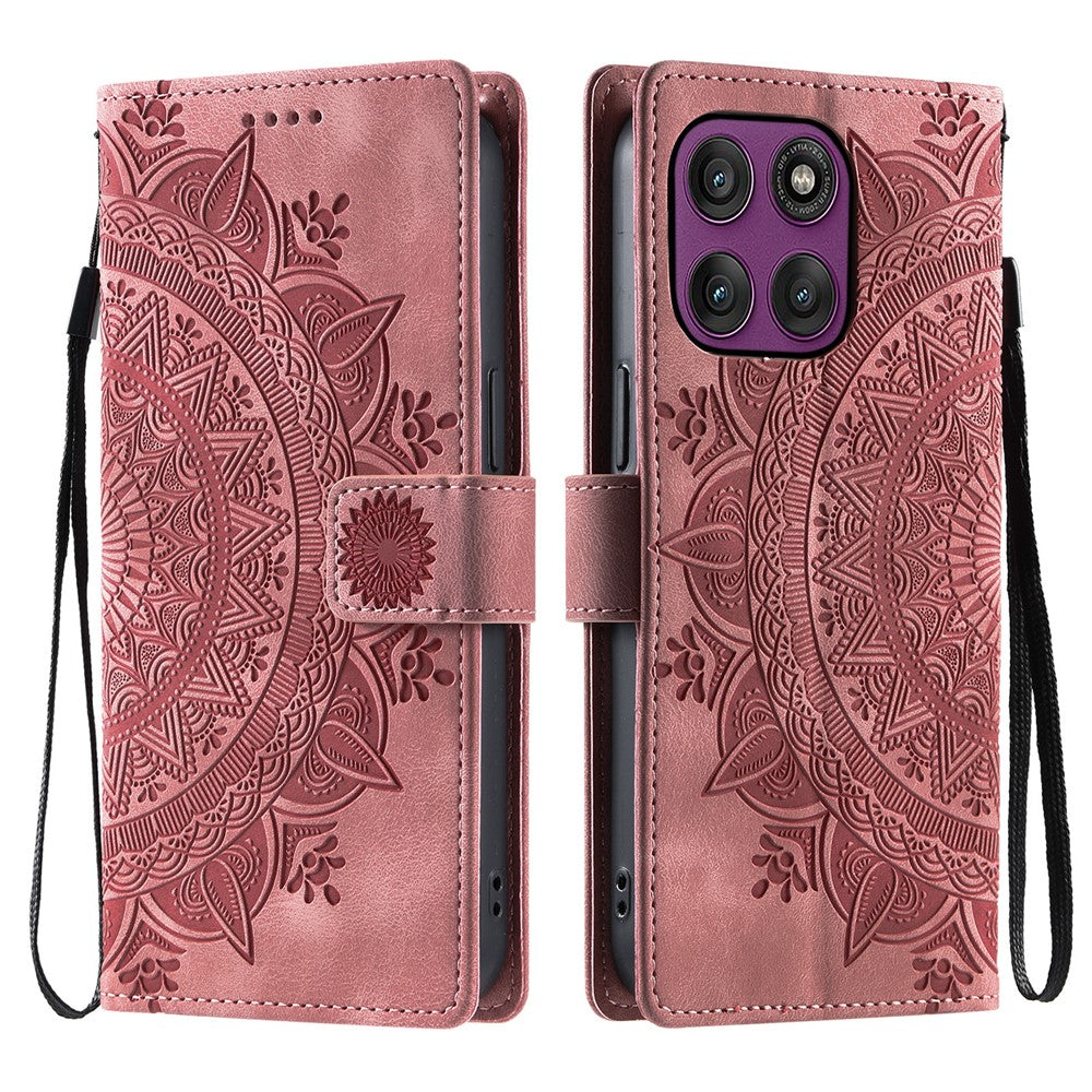 For Motorola Edge 70 5G Case Imprinted Totem Skin Feel Wallet Leather Phone Cover with Hand Strap - Rose Gold