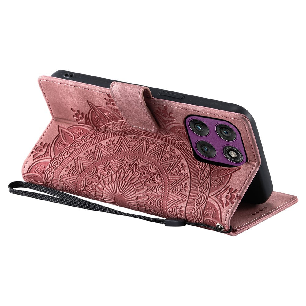 For Motorola Edge 70 5G Case Imprinted Totem Skin Feel Wallet Leather Phone Cover with Hand Strap - Rose Gold