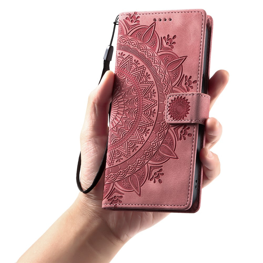 For Motorola Edge 70 5G Case Imprinted Totem Skin Feel Wallet Leather Phone Cover with Hand Strap - Rose Gold