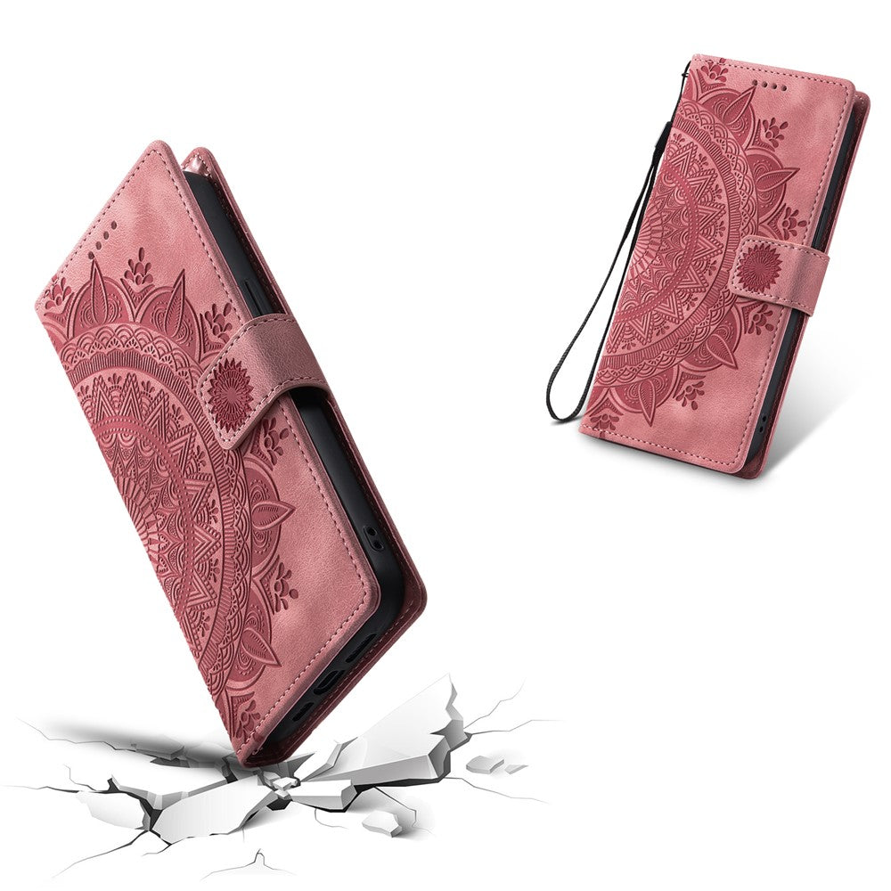 For Motorola Edge 70 5G Case Imprinted Totem Skin Feel Wallet Leather Phone Cover with Hand Strap - Rose Gold