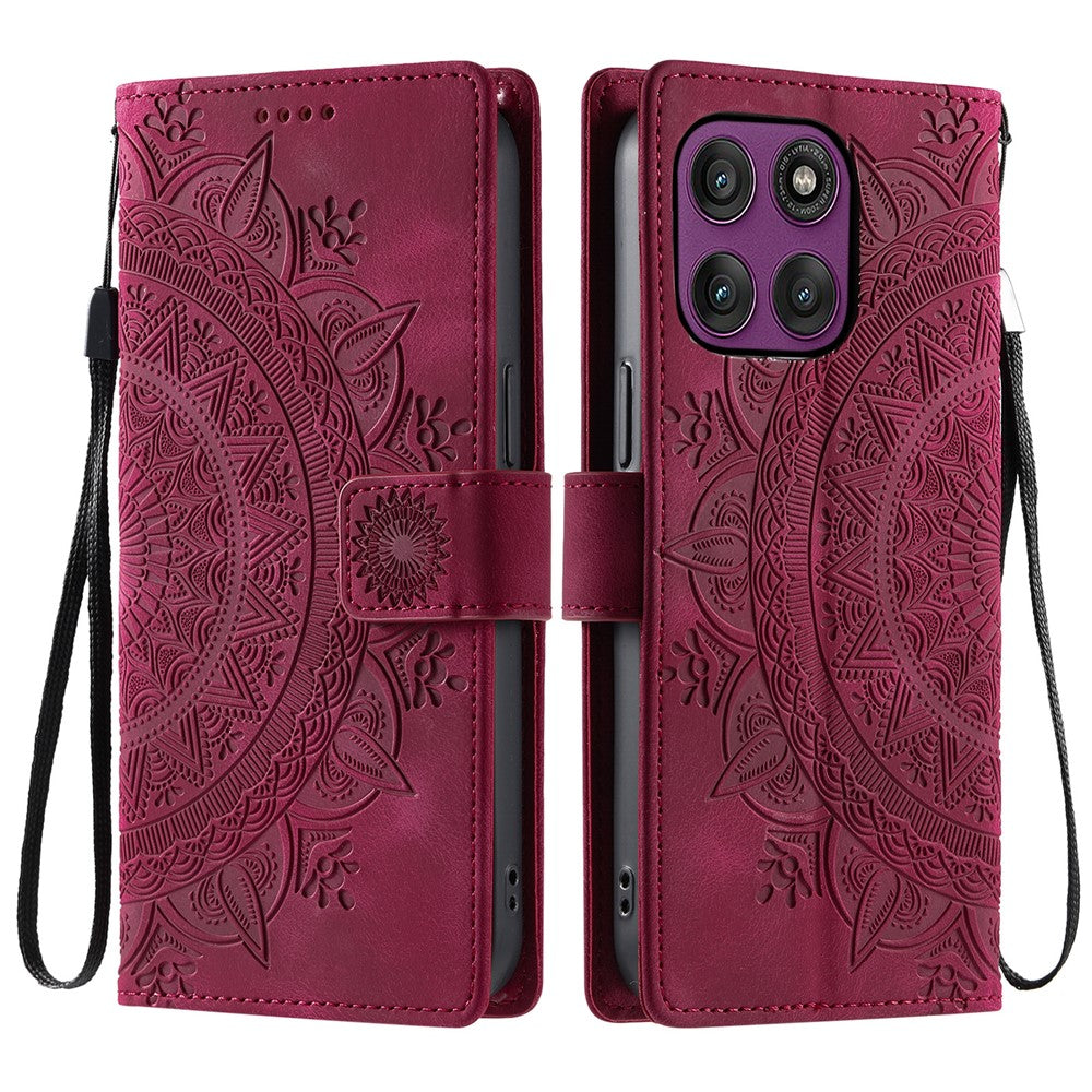For Motorola Edge 70 5G Case Imprinted Totem Skin Feel Wallet Leather Phone Cover with Hand Strap - Rose