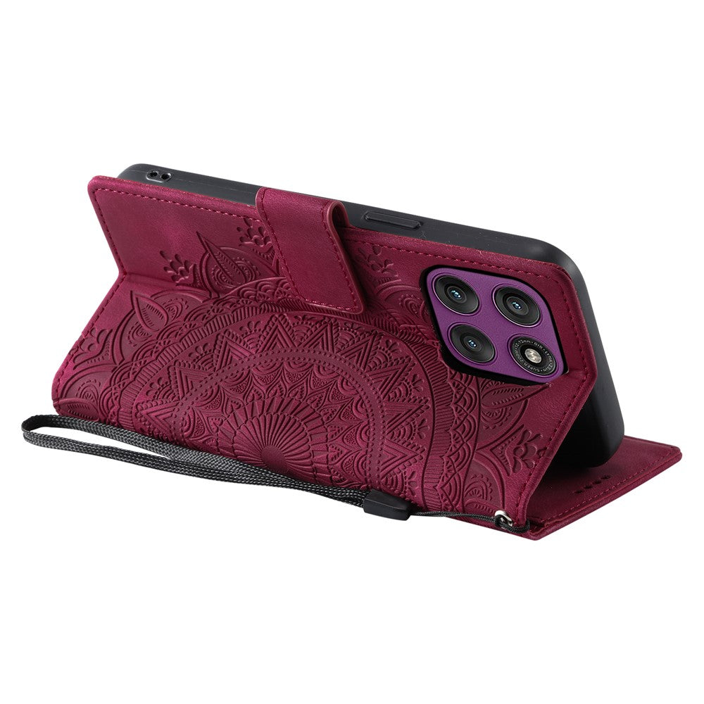 For Motorola Edge 70 5G Case Imprinted Totem Skin Feel Wallet Leather Phone Cover with Hand Strap - Rose