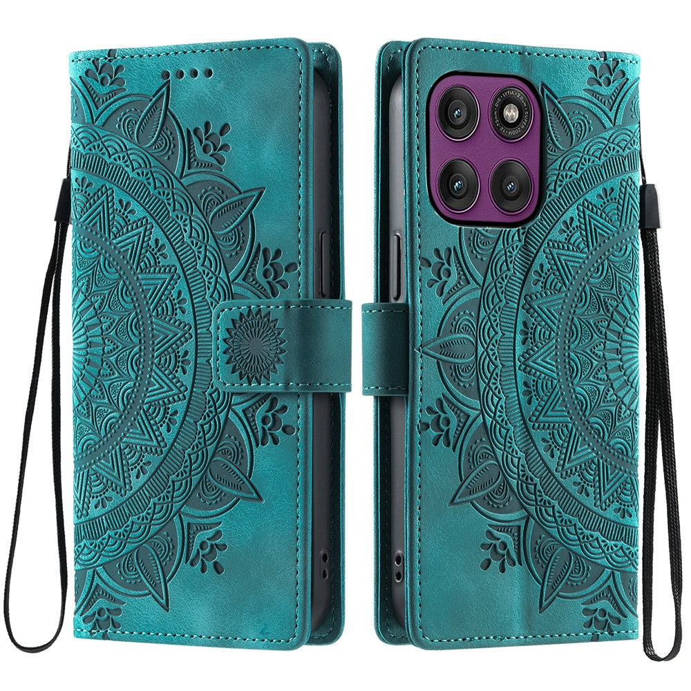 For Motorola Edge 70 5G Case Imprinted Totem Skin Feel Wallet Leather Phone Cover with Hand Strap - Mint Green