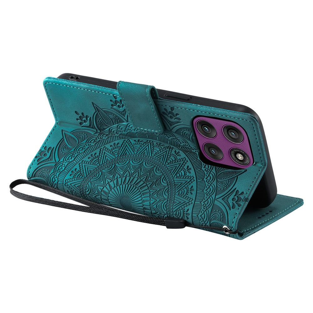 For Motorola Edge 70 5G Case Imprinted Totem Skin Feel Wallet Leather Phone Cover with Hand Strap - Mint Green
