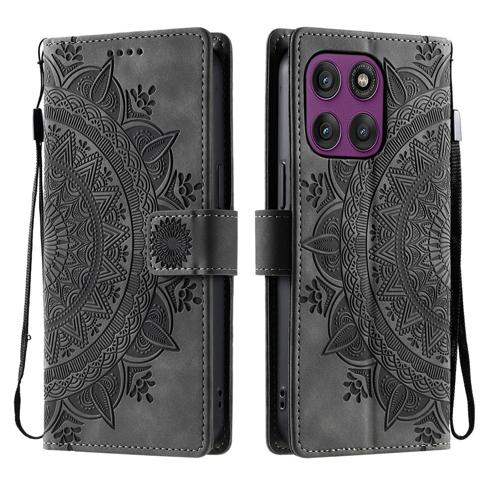 For Motorola Edge 70 5G Case Imprinted Totem Skin Feel Wallet Leather Phone Cover with Hand Strap - Grey