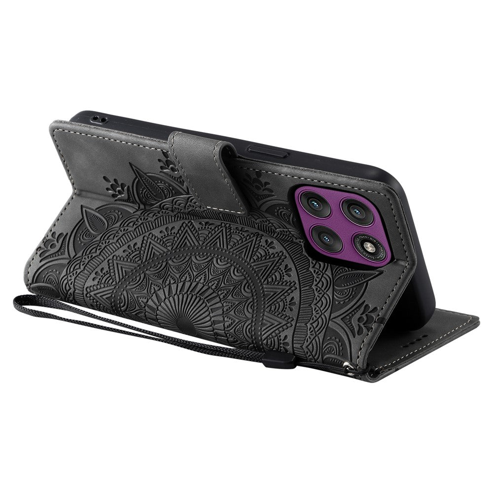 For Motorola Edge 70 5G Case Imprinted Totem Skin Feel Wallet Leather Phone Cover with Hand Strap - Grey