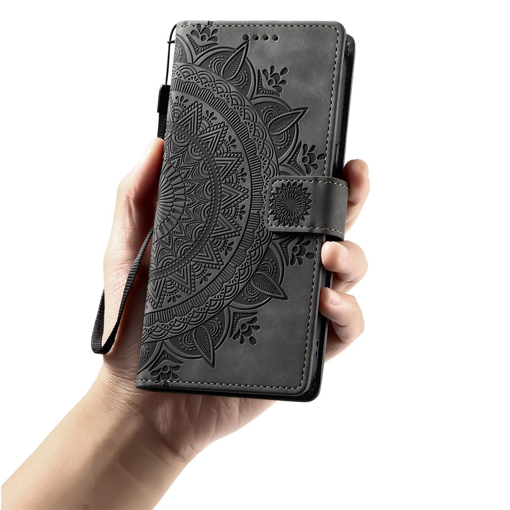 For Motorola Edge 70 5G Case Imprinted Totem Skin Feel Wallet Leather Phone Cover with Hand Strap - Grey