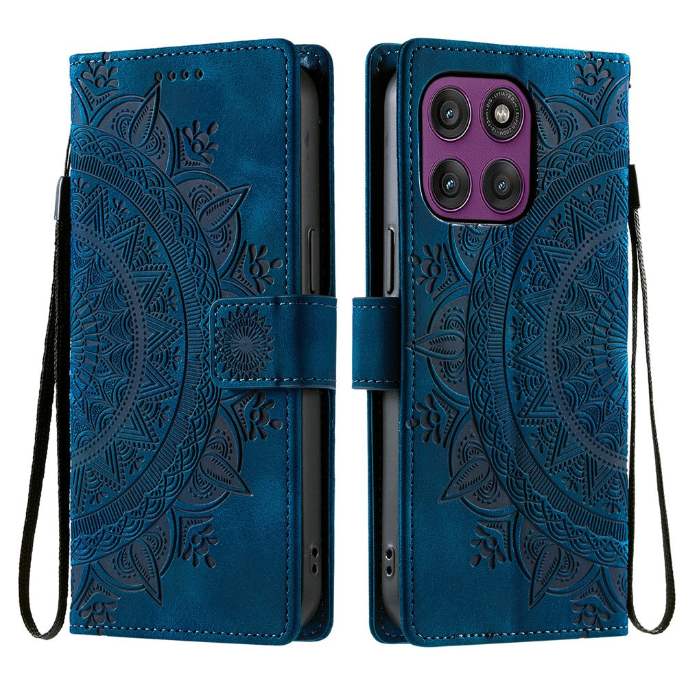 For Motorola Edge 70 5G Case Imprinted Totem Skin Feel Wallet Leather Phone Cover with Hand Strap - Blue